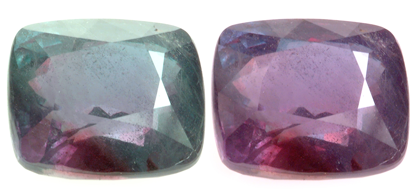 The same alexandrite shown green and red, side by side.