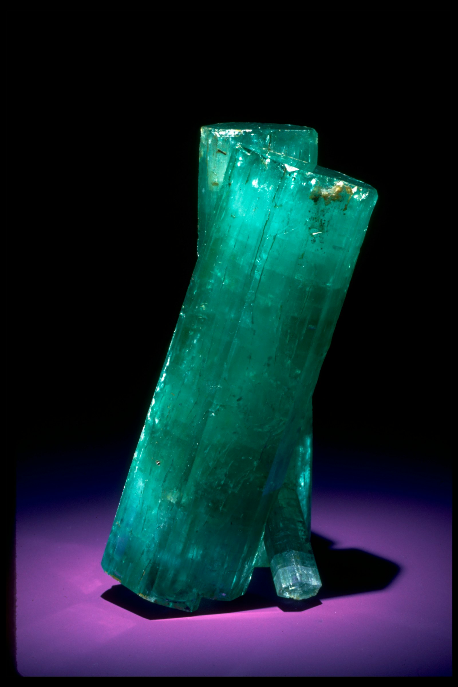 Two long teal prismatic crystals.
