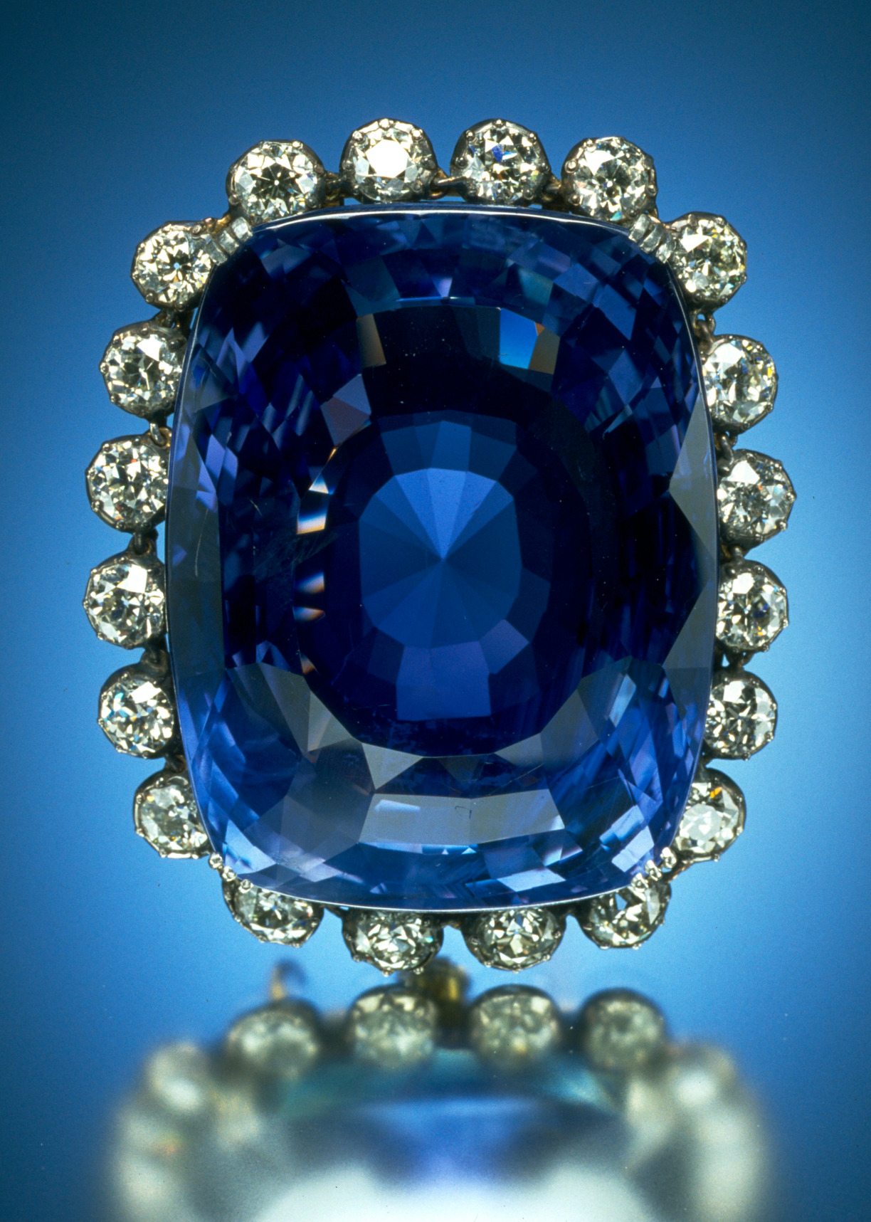 The Logan Sapphire, a very large cushion-cut blue sapphire in a diamond halo.