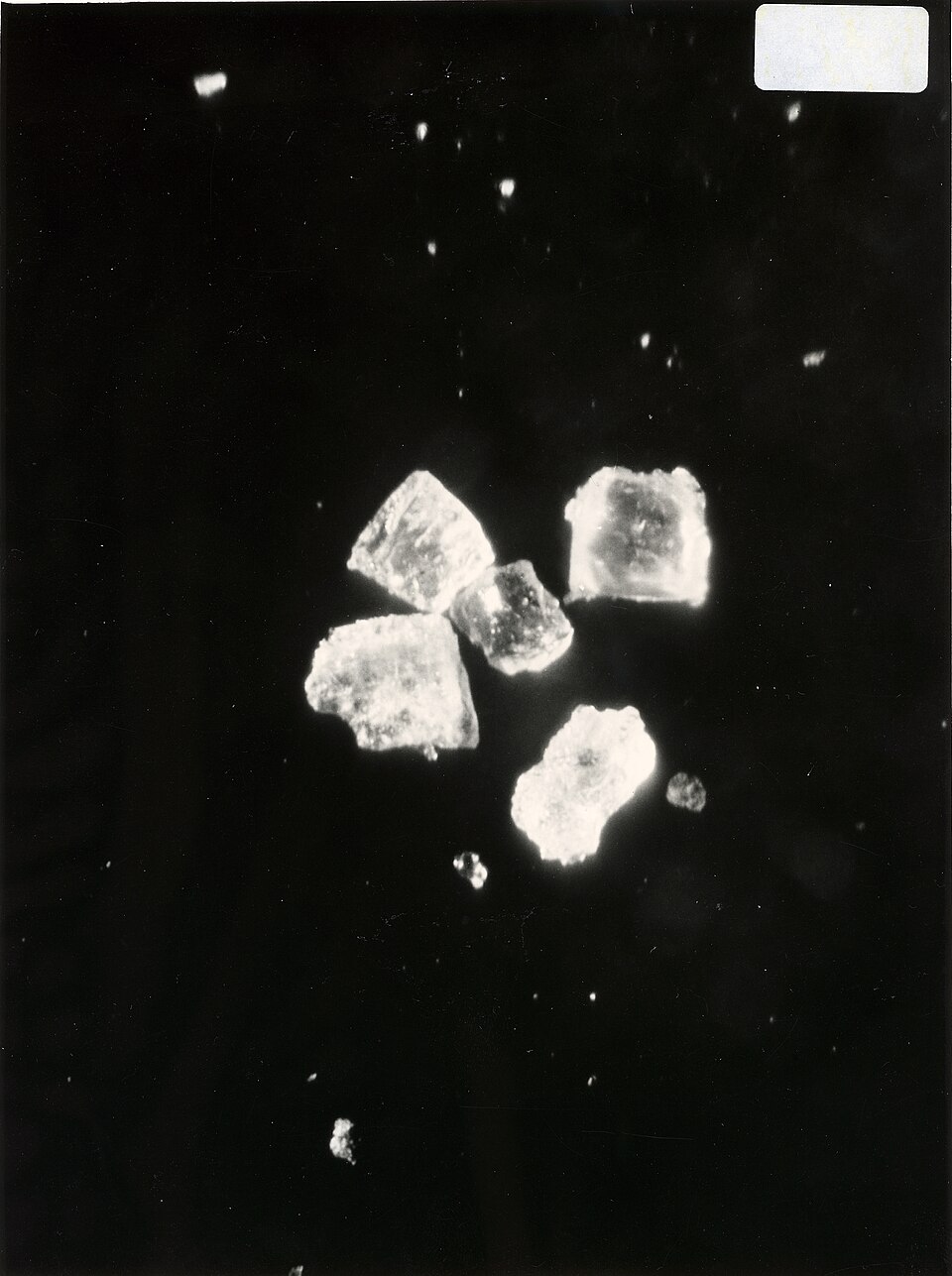 A black-and-white photograph of small bright laboratory diamond crystals from 1953.