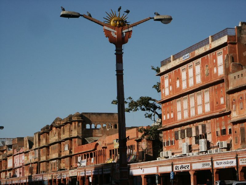 Pink sandstone shopfronts at Johari Bazar, Jaipur.