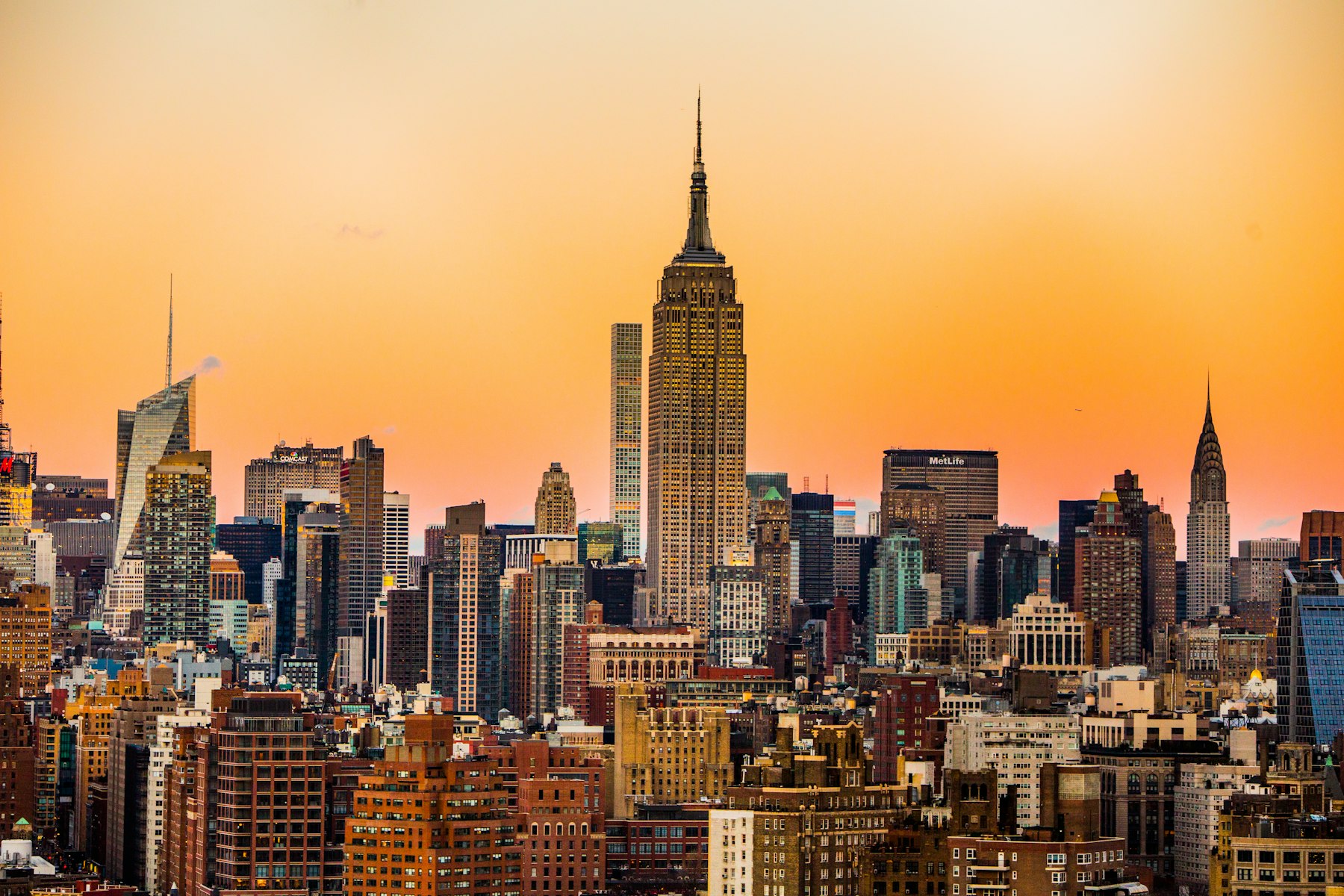 The Manhattan skyline at sunset.